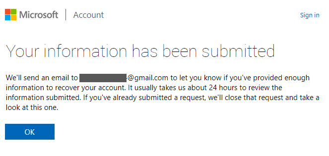 Microsoft information submited confirmation email