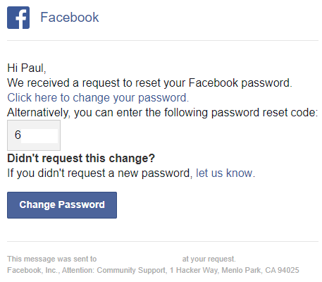 Facebook password reset code