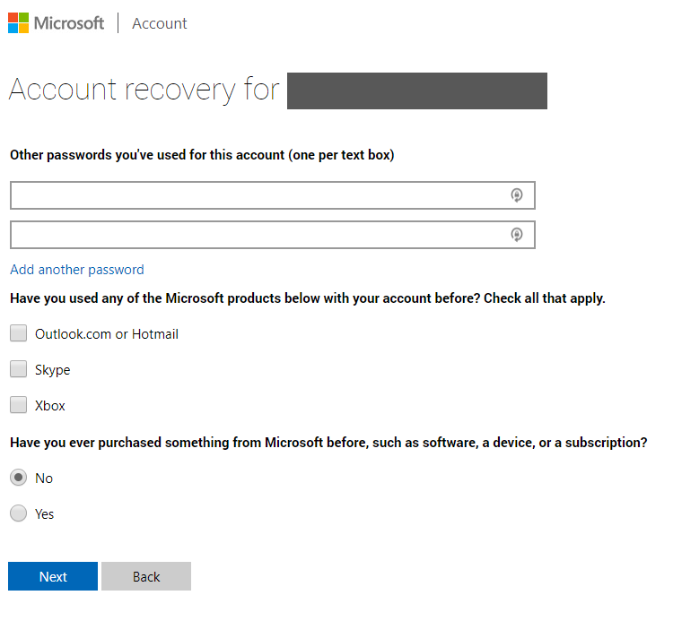 Recover Microsoft Account form