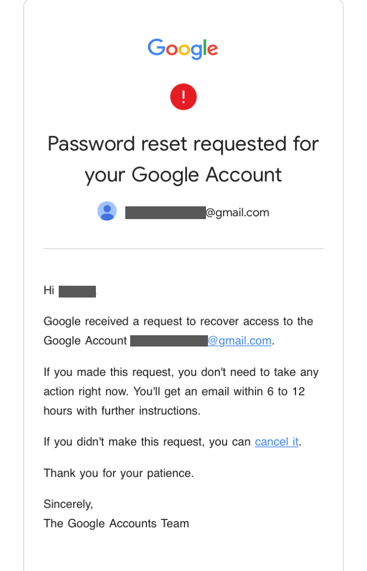 Google password reset confirmation email