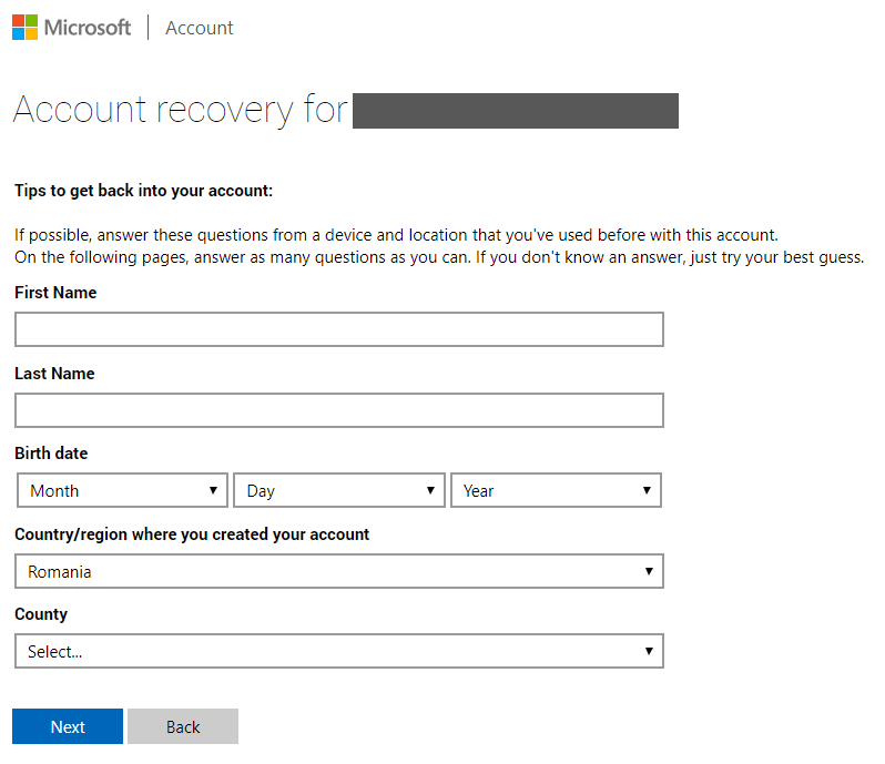 Microsoft account recovery