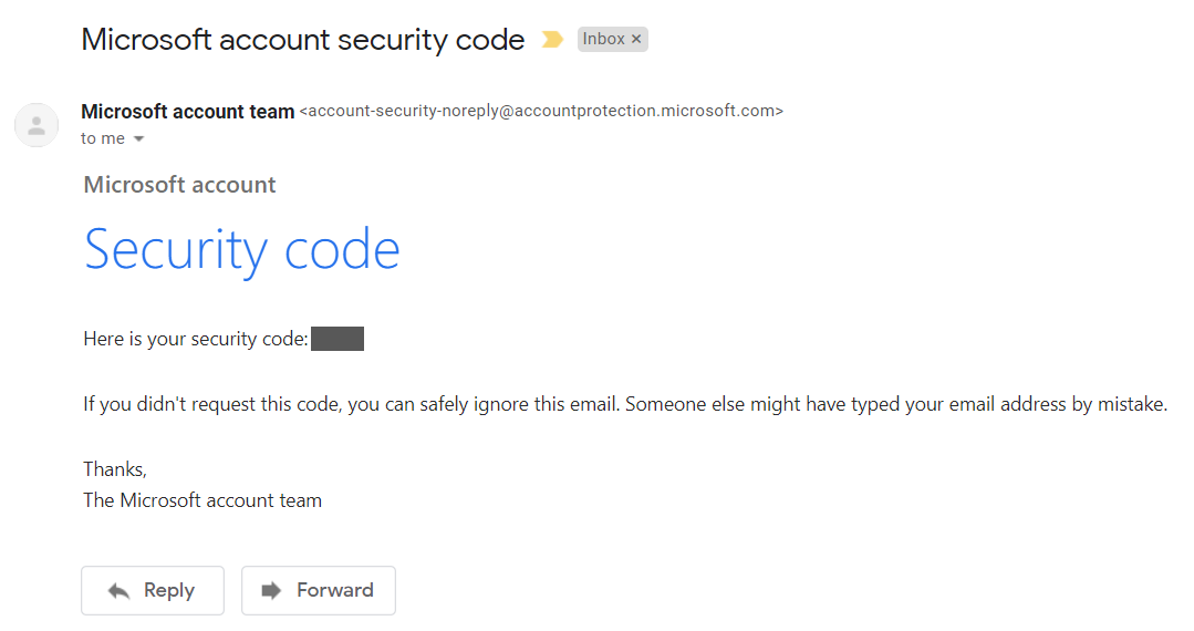 Microsoft security code email