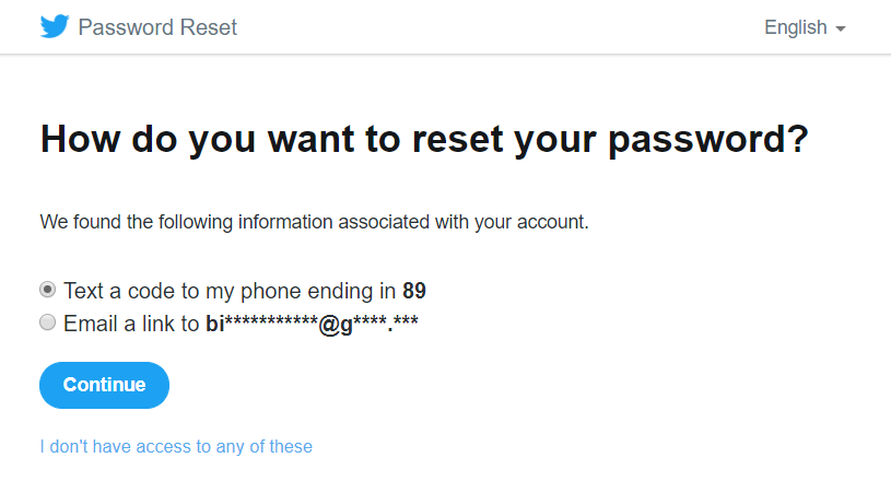 Twitter options to reset password