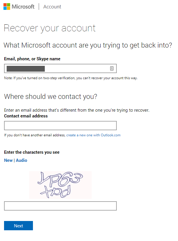 Microsoft recover account form