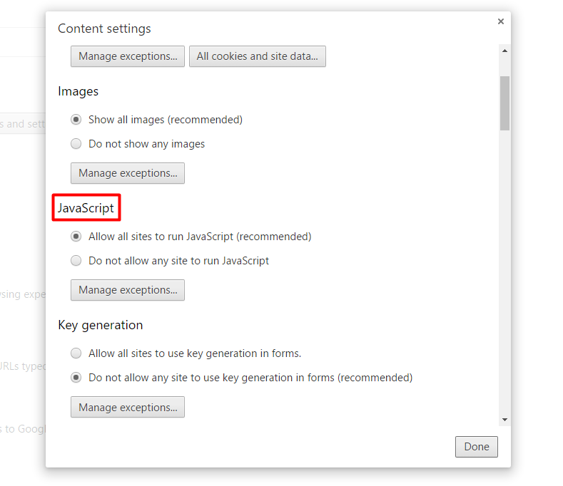 javascript chrome settings