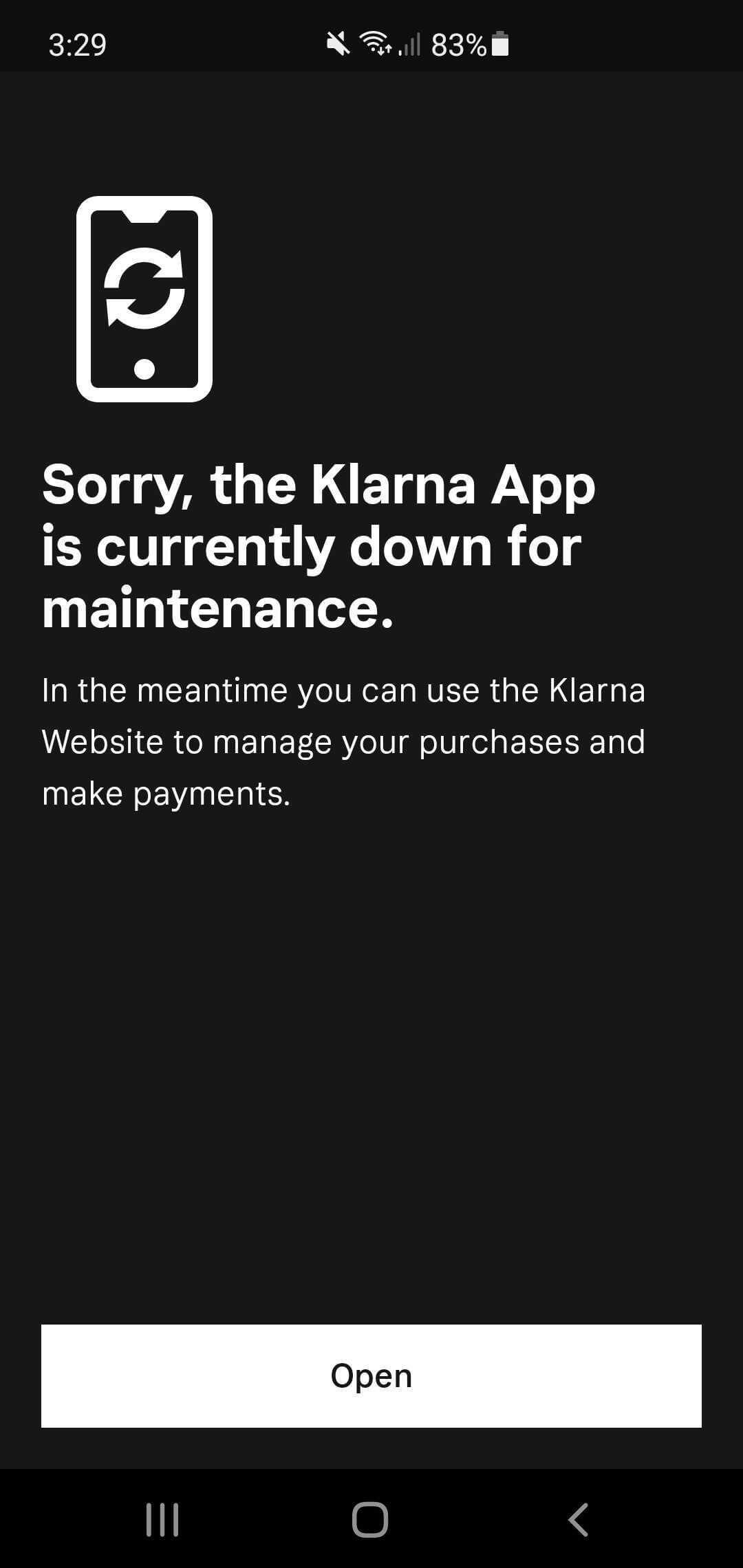 Klarna mobile app disabled