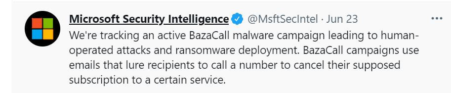 Bazacall Malware Campaign Microsoft announcement
