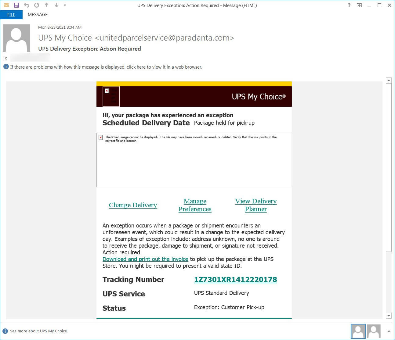UPS phishing campaign scam example 