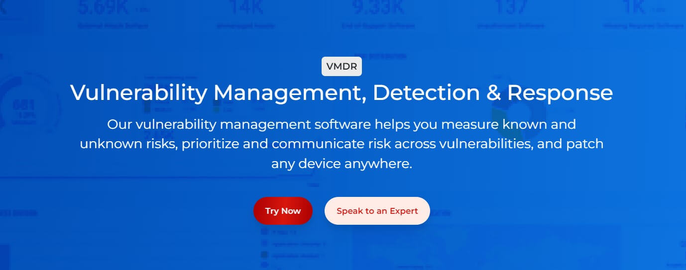 Blue-themed banner highlighting VMDR for Vulnerability Management, Detection, and Response with a CTA for a trial or expert consultation.