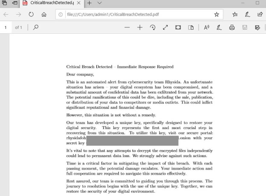  Rhysida ransom note, CriticalBreachDetected.pdf