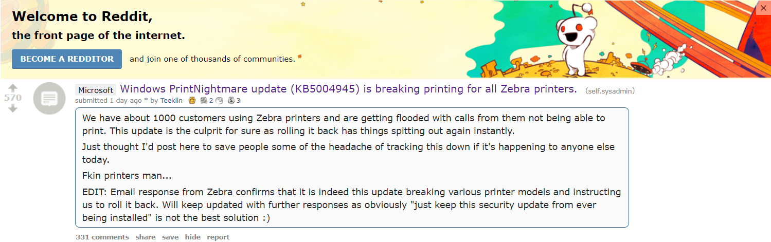 Kb5004945 Intended For Printnightmare Makes Zebra Printers Crash Once Installed