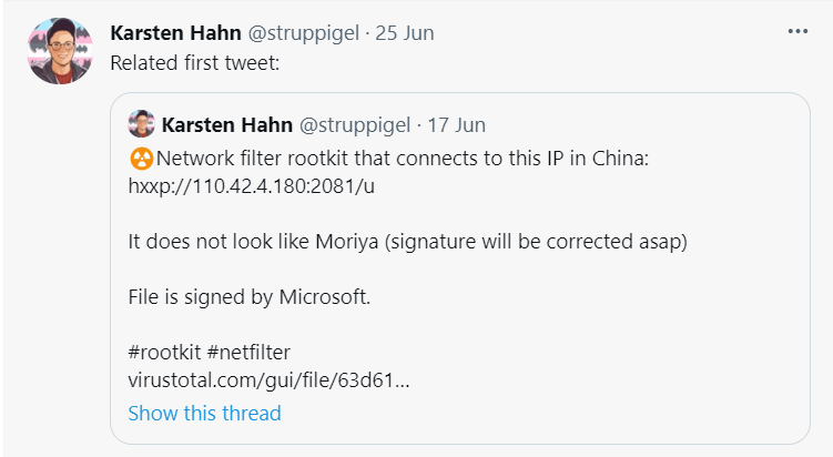 Karsten Hahn Twitter account post on Netfilter Rootkit Malware topic