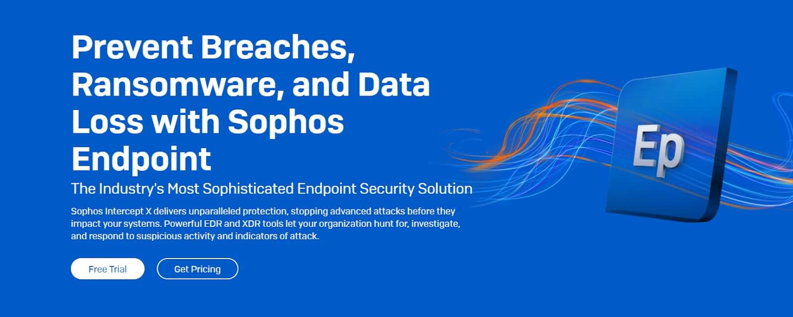 Sophos Endpoint protection ad showcasing blue and orange design elements with text promoting breach, ransomware, and data loss prevention through advanced security solutions.