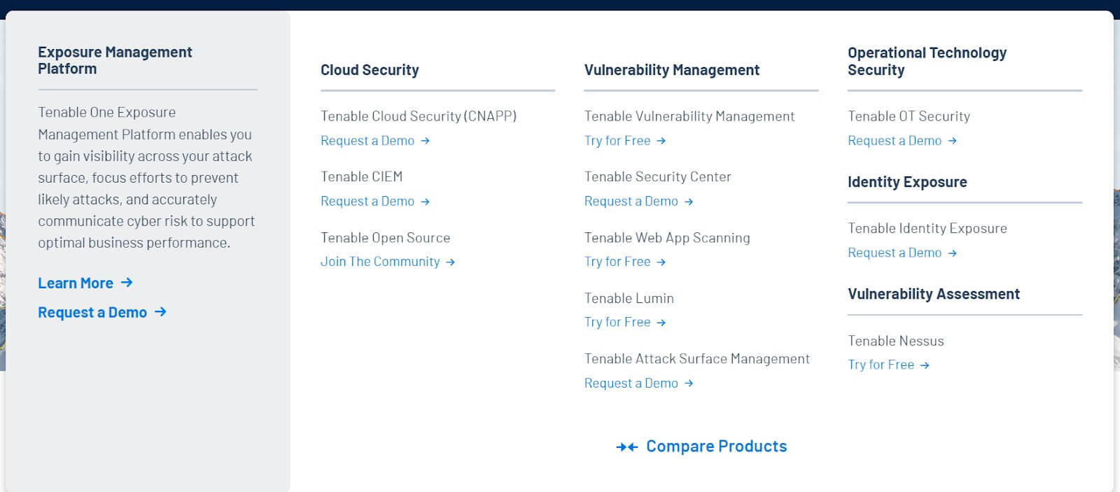 Informational overview on various cybersecurity services including Exposure Management, Cloud Security, and Vulnerability Management with demo invitations.