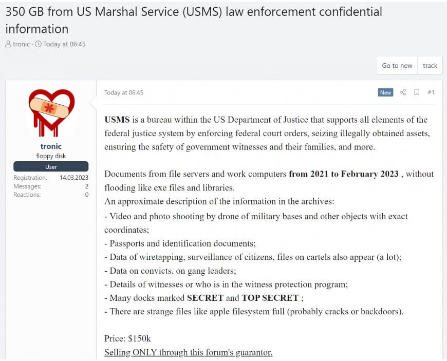 For Sale: Data Supposedly Coming from the US Marshals Service Hack