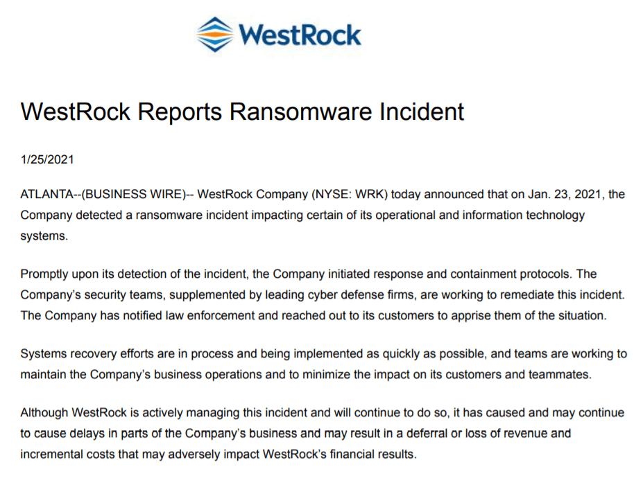 WestRock ransomware attack january press release