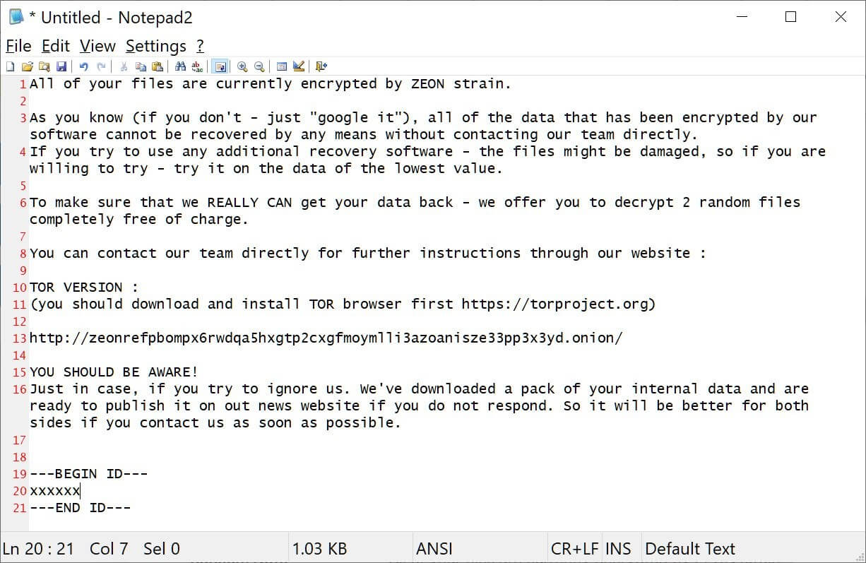 zeon ransomware note