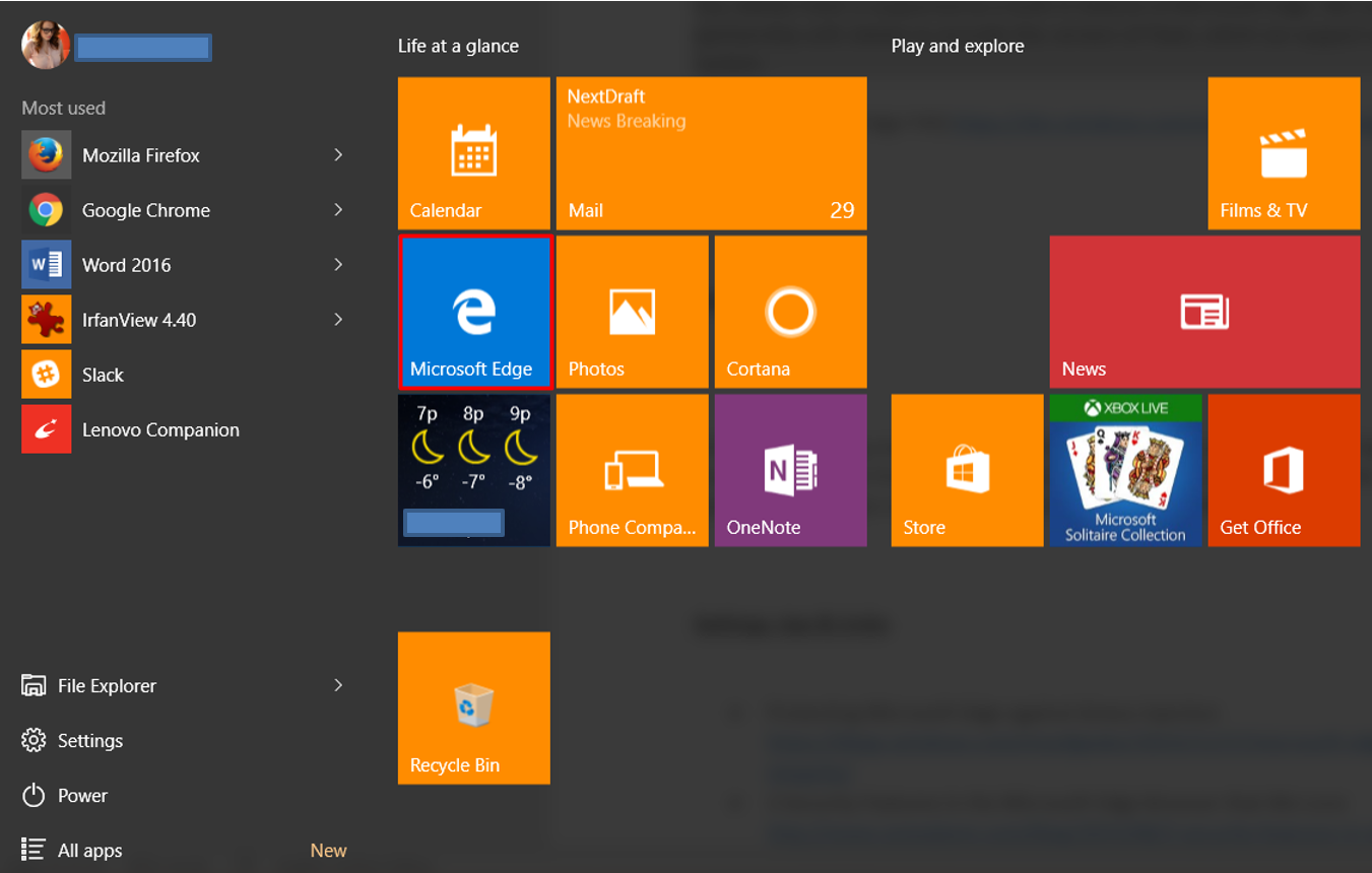 Windows 10 Security Guide - Microsoft Edge Start Menu Location